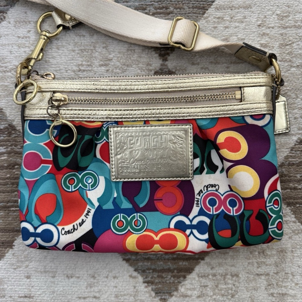 Coach Poppy Glam Op Art Colorful Wristlet Purse Clutch Metallic Gold Vintage Y2K